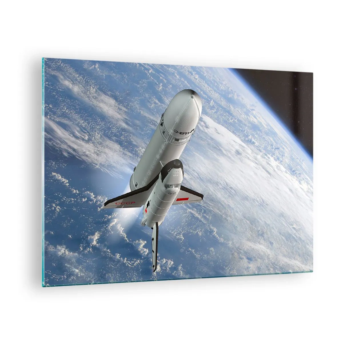 Glasbild - Bild auf glas - Ein Space Shuttle startet ins All, im Hintergrund die Erde. - 70x50cm - Kosmischer Aufstieg - Moderne Wanddekoration für Wohnzimmer und Schlafzimmer ARTTOR