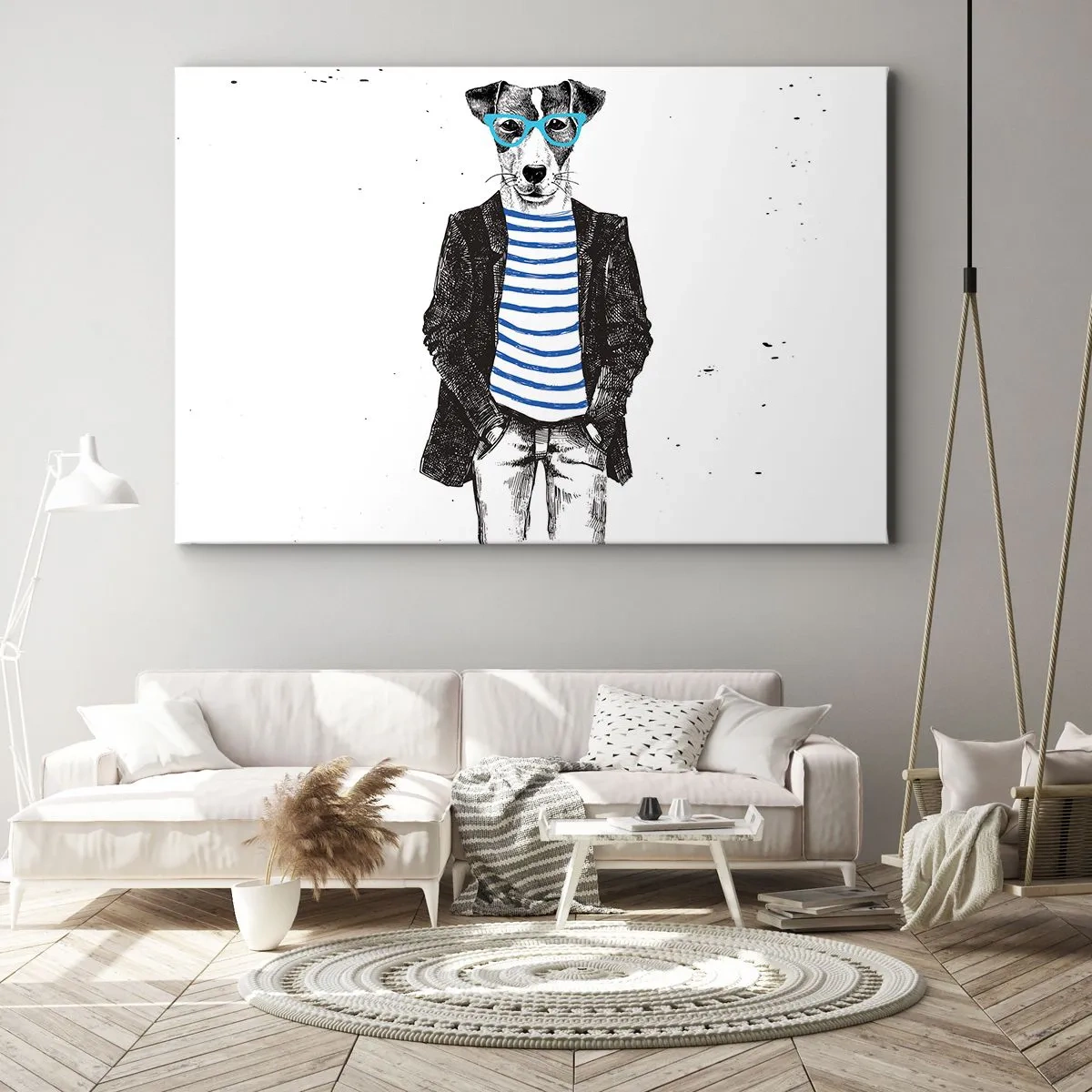 Bild auf Leinwand - Leinwandbild - Porträt eines Hundes mit Brille und Matrosenhemd im humorvollen Stil - 70x50cm - Auf den Charme des Hundes - Moderne Wanddekoration für Wohnzimmer und Schlafzimmer ARTTOR