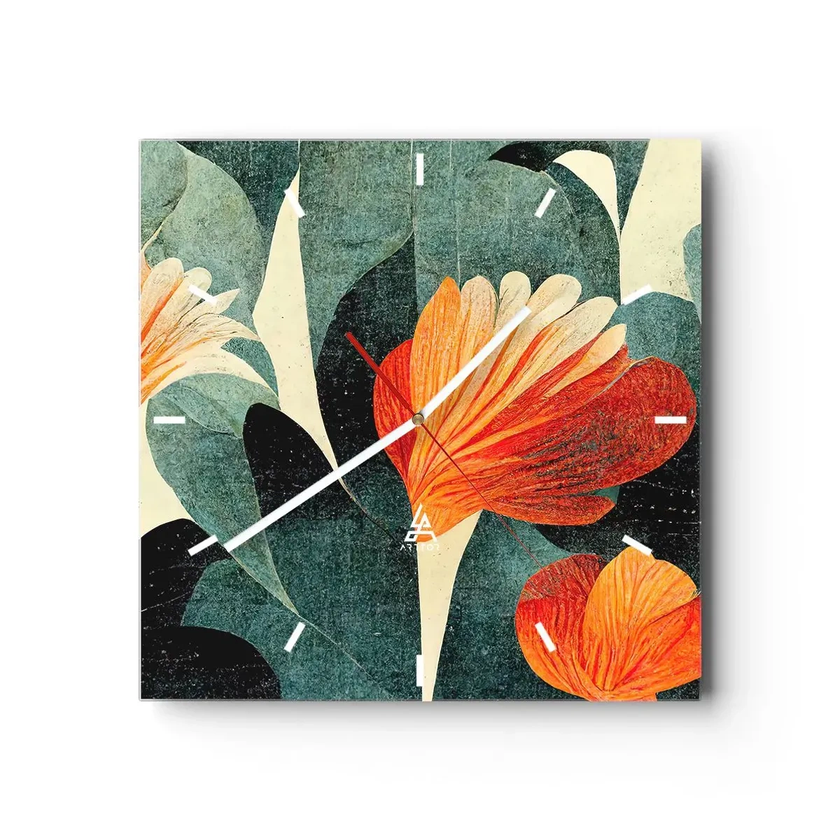 Wanduhr - Glasuhr - Blüten in intensiven Orange- und Grüntönen - 30x30cm - Hitze der Tropen und Kühle des Grüns - Moderne Wanddekoration für Wohnzimmer und Schlafzimmer ARTTOR