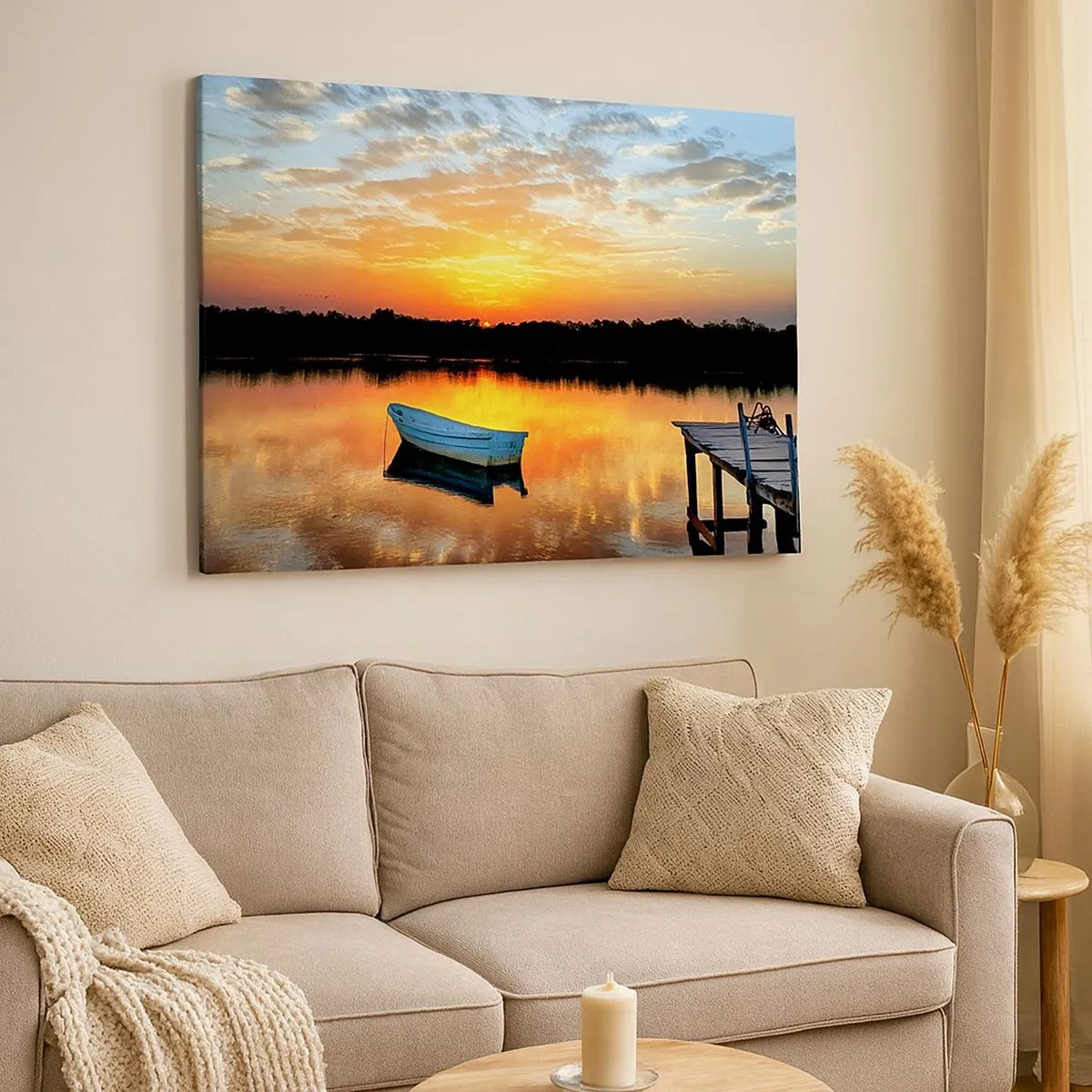 Bild auf Leinwand - Leinwandbild - Ein Boot auf einem ruhigen See bei Sonnenuntergang - 70x50cm - Schauen, hören, meditieren - Moderne Wanddekoration für Wohnzimmer und Schlafzimmer ARTTOR