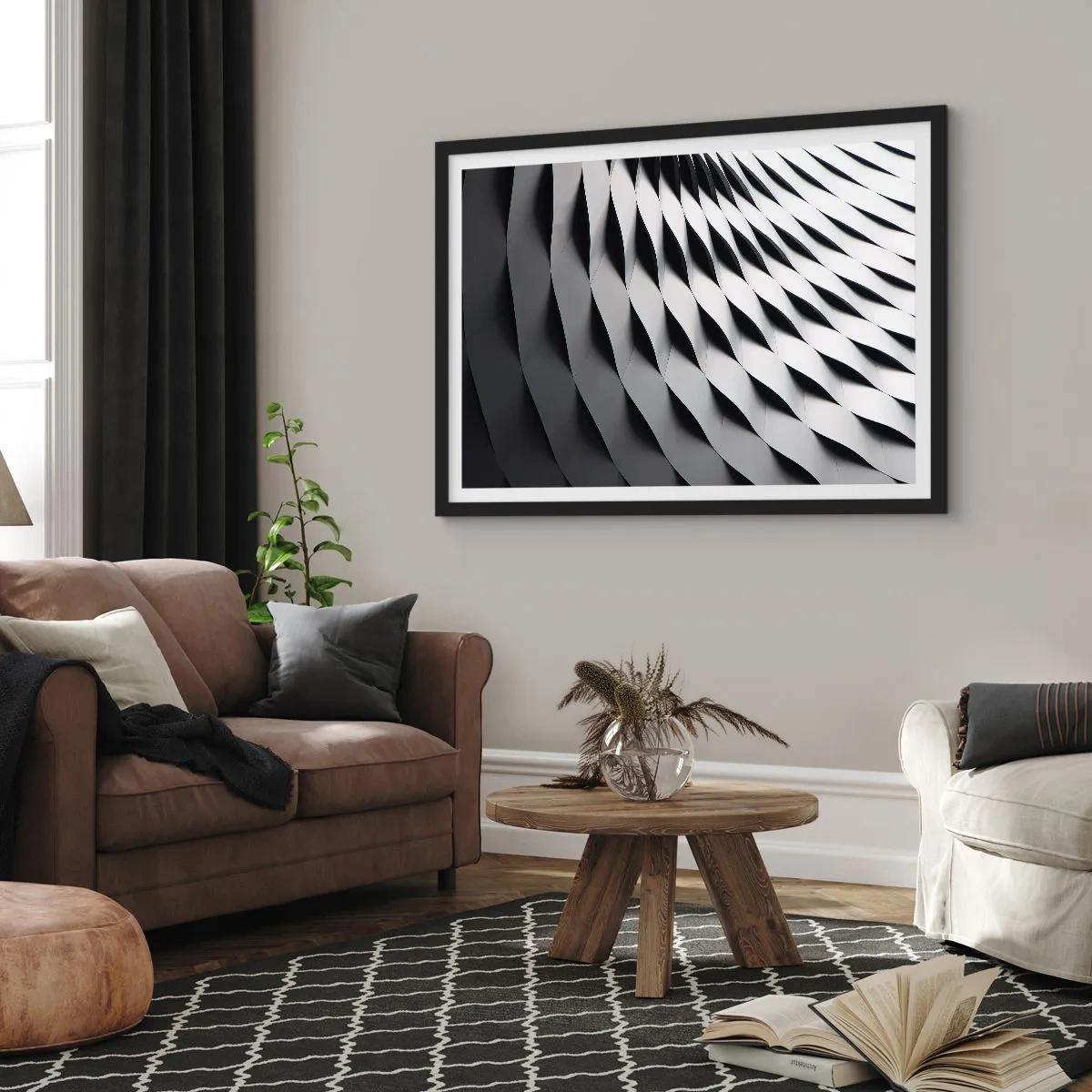 Poster in einem schwarzem Rahmen - Abstraktes geometrisches Muster in Schwarz-Weiß-Tönen - 70x50cm - Auf der Oberfläche der Wellen - Moderne Wanddekoration für Wohnzimmer und Schlafzimmer ARTTOR