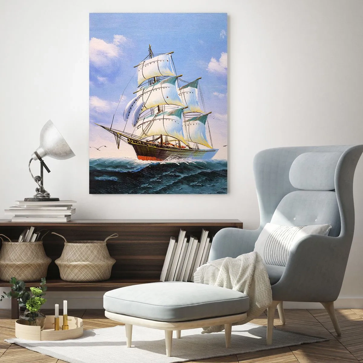 Glasbild - Bild auf glas - Ein Segelschiff auf offener See unter blauem Himmel - 80x120cm - Mit Stolz mit dem Wind - Moderne Wanddekoration für Wohnzimmer und Schlafzimmer ARTTOR