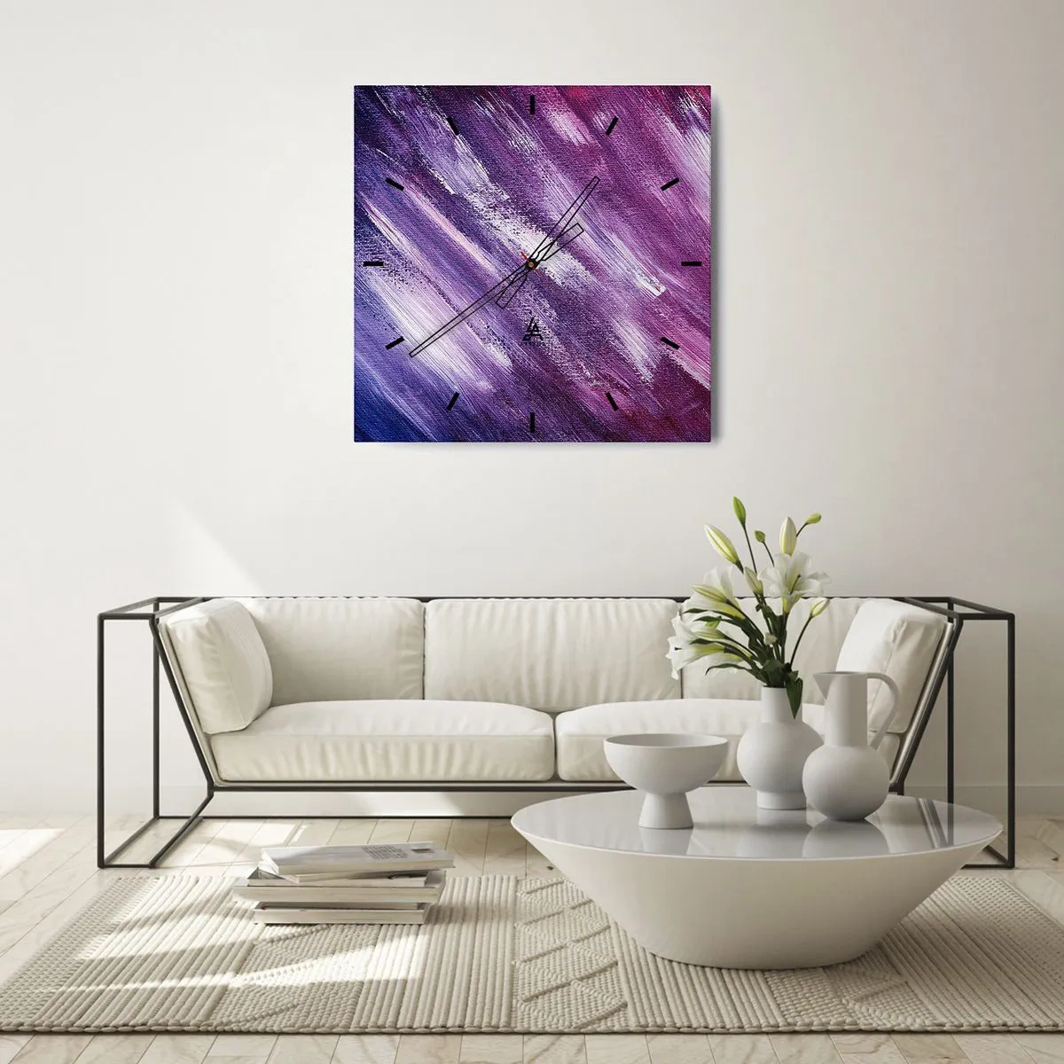 Wanduhr - Glasuhr - Abstrakte Pinselstriche in Lila- und Rosatönen - 30x30cm - Wenn der sonnige Wind weht - Moderne Wanddekoration für Wohnzimmer und Schlafzimmer ARTTOR