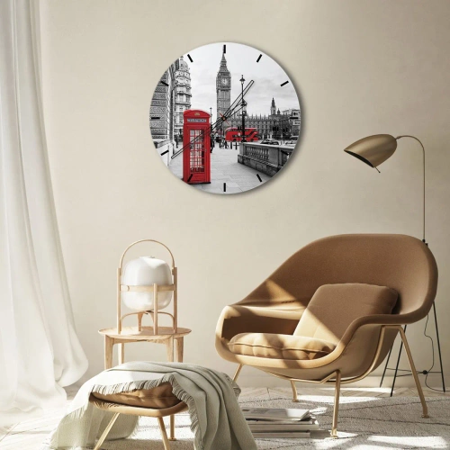 Wanduhr - Glasuhr - Big Ben und eine rote Telefonzelle vor der Kulisse von London - 30x30cm - London, ohne Zweifel - Moderne Wanddekoration für Wohnzimmer, Küche und Schlafzimmer ARTTOR