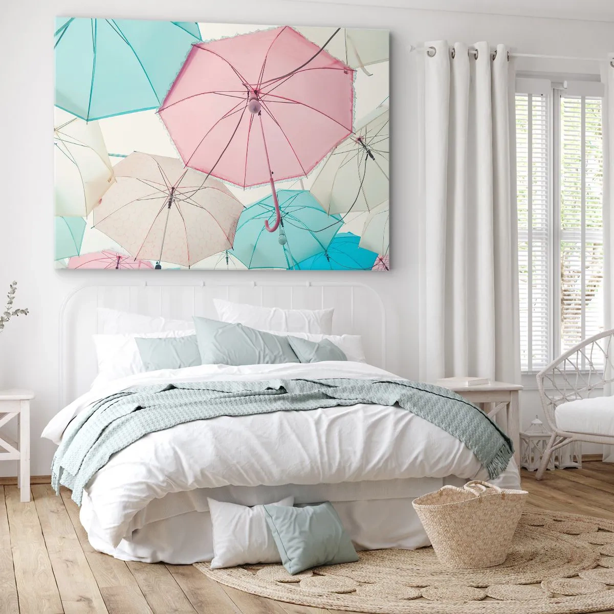 Bild auf Leinwand - Leinwandbild - Pastellfarbene Regenschirme vor einem hellen Himmel - 70x50cm - Mal Sonne, mal Regen - Moderne Wanddekoration für Wohnzimmer und Schlafzimmer ARTTOR
