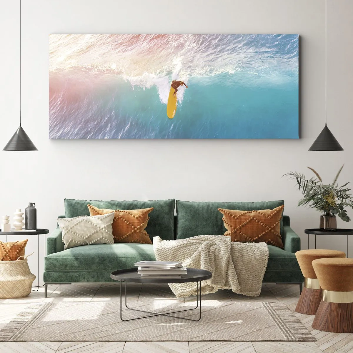 Bild auf Leinwand - Leinwandbild - Surfer auf einer Welle in Pastellfarben - 120x50cm - Der Ozeanreiter - Moderne Wanddekoration für Wohnzimmer und Schlafzimmer ARTTOR
