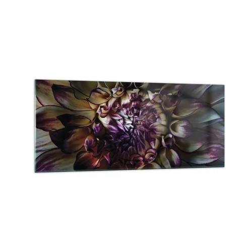 Glasbild - Bild auf glas - Nahaufnahme einer Dahlienblüte in dunklen Tönen - 120x50cm - Die Blütezeit der Jugend - Moderne Wanddekoration für Wohnzimmer und Schlafzimmer ARTTOR