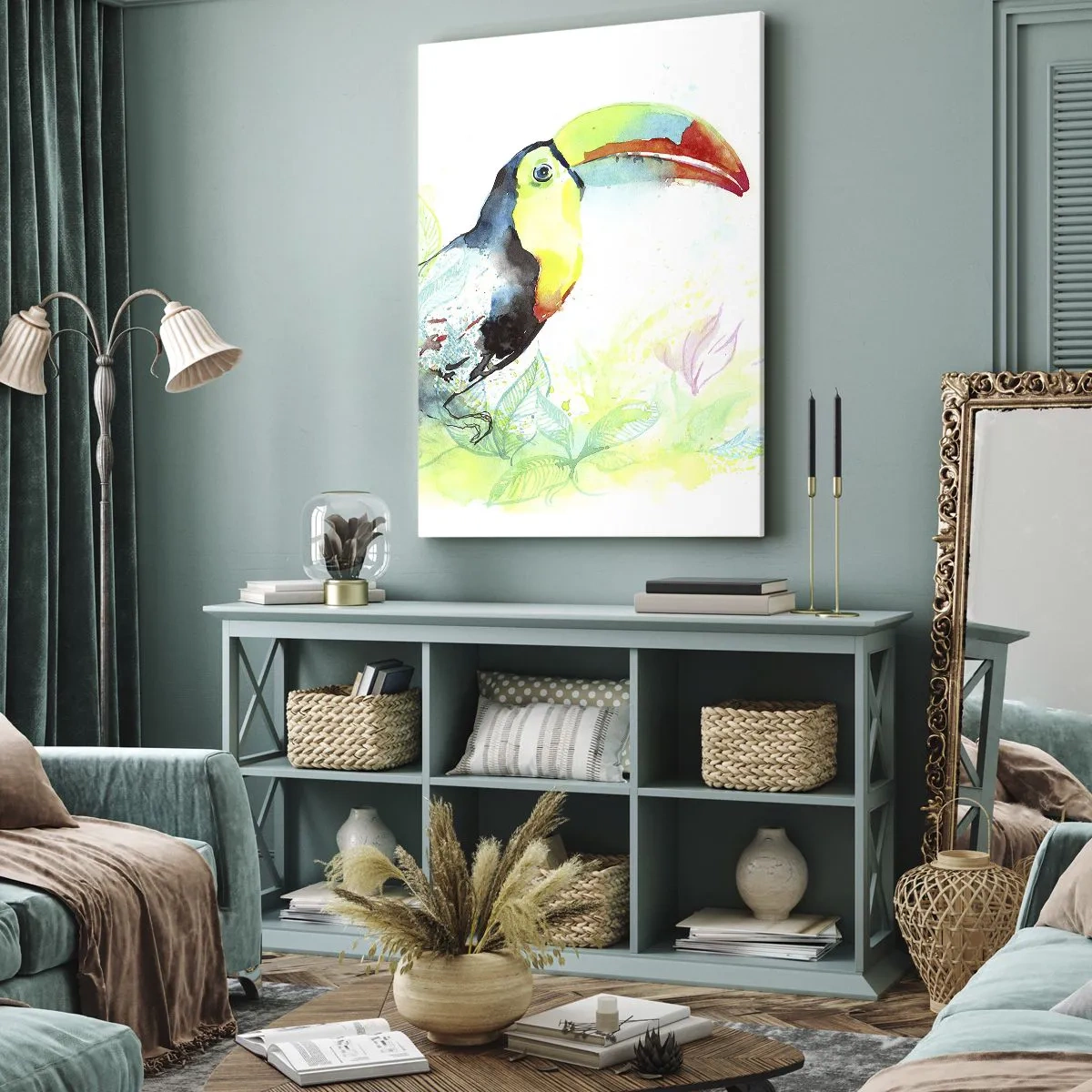 Bild auf Leinwand - Leinwandbild - Aquarell-Illustration eines Tukans auf tropischem Hintergrund - 50x70cm - So bunt wie Südamerika - Moderne Wanddekoration für Wohnzimmer und Schlafzimmer ARTTOR