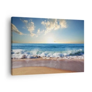 Bild auf Leinwand - Leinwandbild - Ein sonniger Strand mit Wellen, die an die Küste krachen - 70x50cm - Bewegung und Stille zugleich - Moderne Wanddekoration für Wohnzimmer und Schlafzimmer ARTTOR