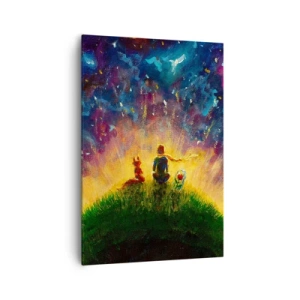 Bild auf Leinwand - Leinwandbild - Figuren auf einem grünen Hügel, umgeben von einem Sternenhimmel - 70x100cm - Liebe und Freundschaft - die ganze Welt - Moderne Wanddekoration für Wohnzimmer und Schlafzimmer ARTTOR