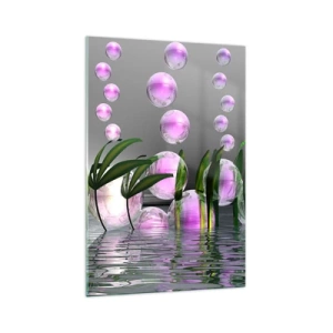 Glasbild - Bild auf glas - Grüne Blätter und rosa Blasen über dem Wasser auf grauem Hintergrund - 70x100cm - Eine reflektierende Komposition aus Leichtigkeit und Leben - Moderne Wanddekoration für Wohnzimmer und Schlafzimmer ARTTOR
