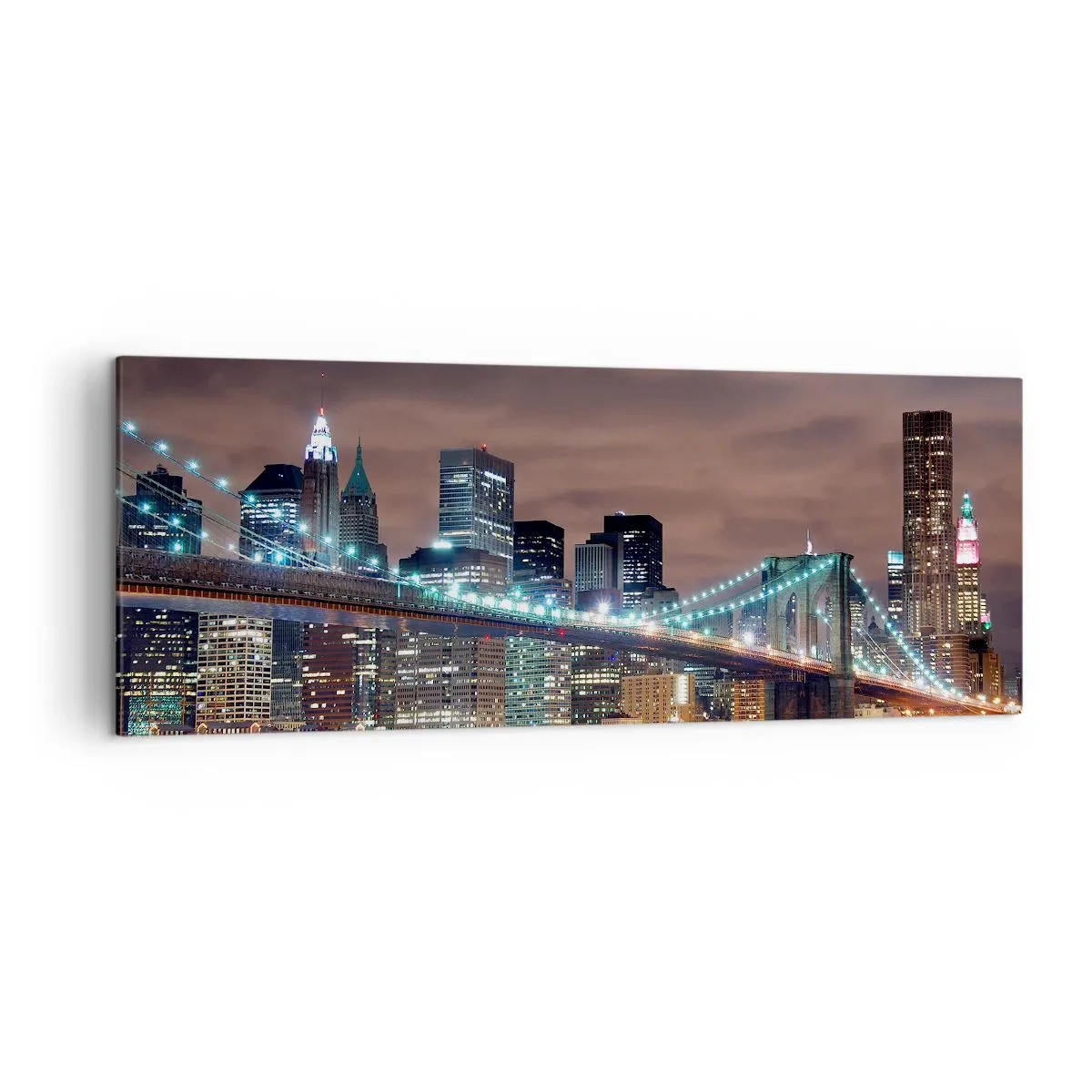 Bild auf Leinwand - Leinwandbild - Die nachts beleuchtete Brücke vor dem Hintergrund des modernen Stadtpanoramas - 140x50cm - Lichter der Großstadt - Moderne Wanddekoration für Wohnzimmer und Schlafzimmer ARTTOR
