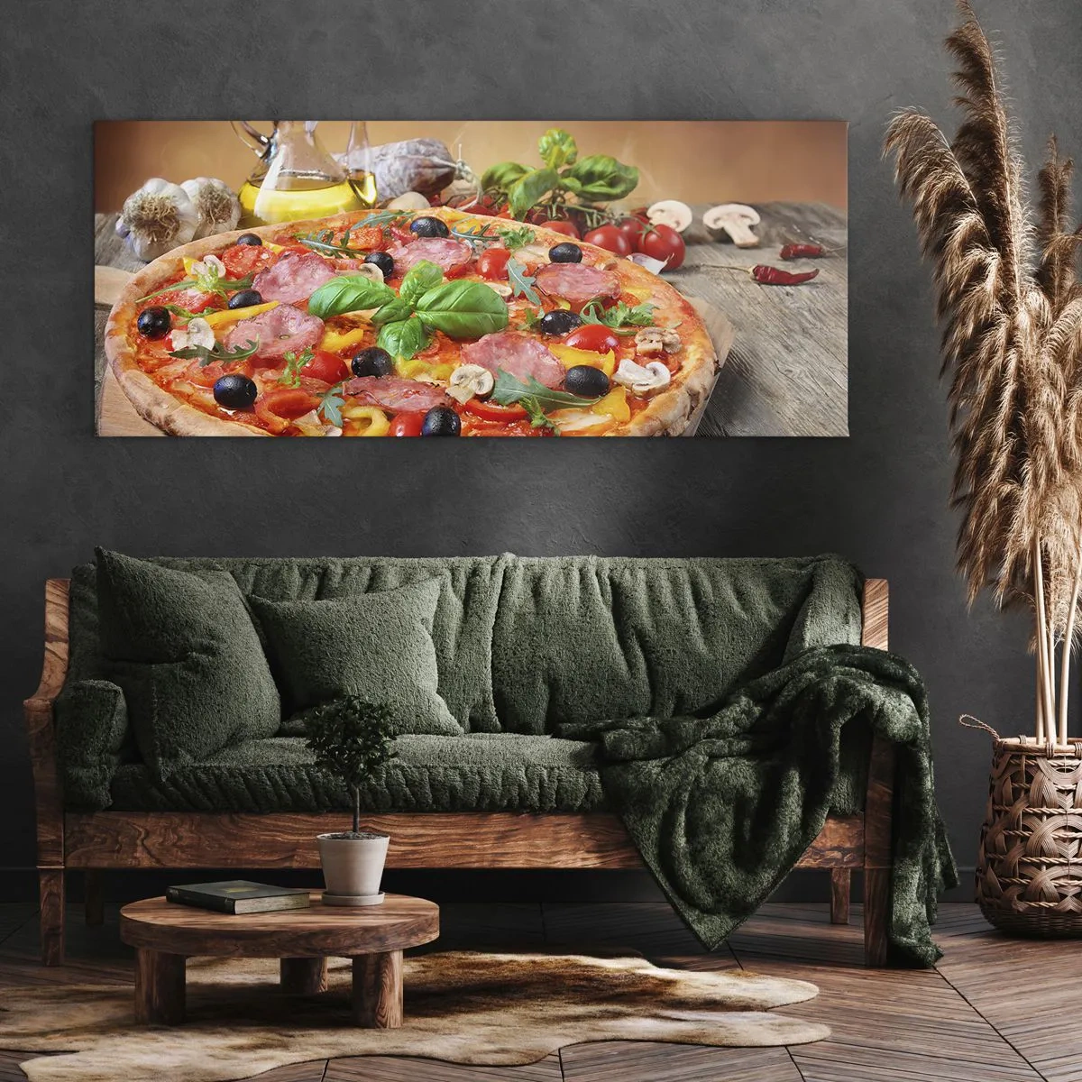 Bild auf Leinwand - Leinwandbild - Appetitliche Pizza auf einem Holztisch mit Belag - 160x50cm - Mit echtem italienischem Flair - Moderne Wanddekoration für Wohnzimmer und Schlafzimmer ARTTOR