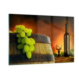 Glasbild - Bild auf glas - Trauben auf einem Fass in rustikalem Ambiente mit Wein im Hintergrund - 120x80cm - Stillleben mit einer Flasche Wein und einer Weintraube - Moderne Wanddekoration für Wohnzimmer und Schlafzimmer ARTTOR