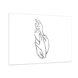 Glasbild - Bild auf glas - Eine subtile lineare Zeichnung gefalteter Hände auf weißem Hintergrund. - 100x70cm - Gute Geste - Moderne Wanddekoration für Wohnzimmer und Schlafzimmer ARTTOR