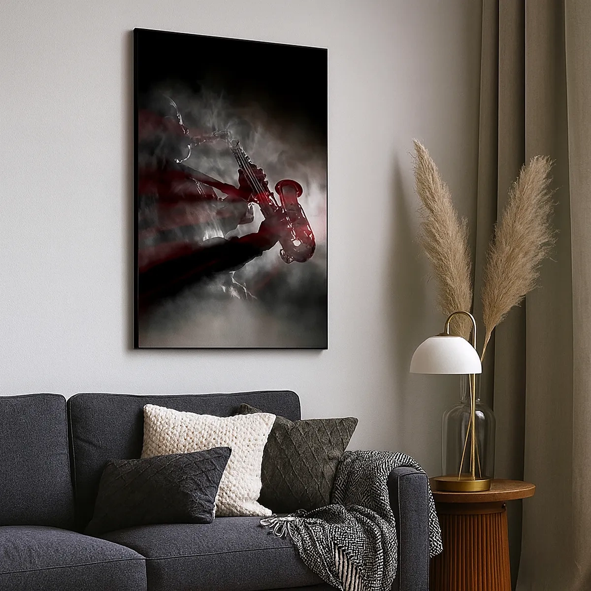 Bild auf Leinwand - Leinwandbild - Saxophonist im Rauch auf der Bühne in stimmungsvollem Schwarz und Rot - 50x70cm - In den Dämpfen des Jazz - Moderne Wanddekoration für Wohnzimmer und Schlafzimmer ARTTOR