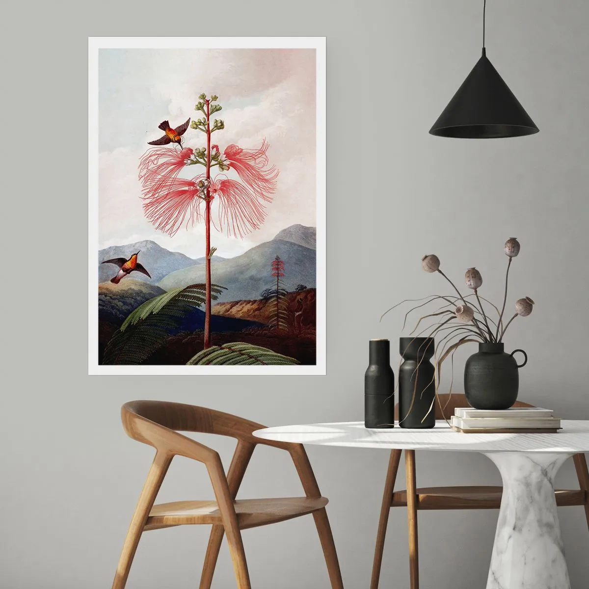 Poster - Exotische Blume mit Kolibris zwischen den Bergen - 50x70cm - In einem tropischen Paradies - Moderne Wanddekoration für Wohnzimmer und Schlafzimmer ARTTOR