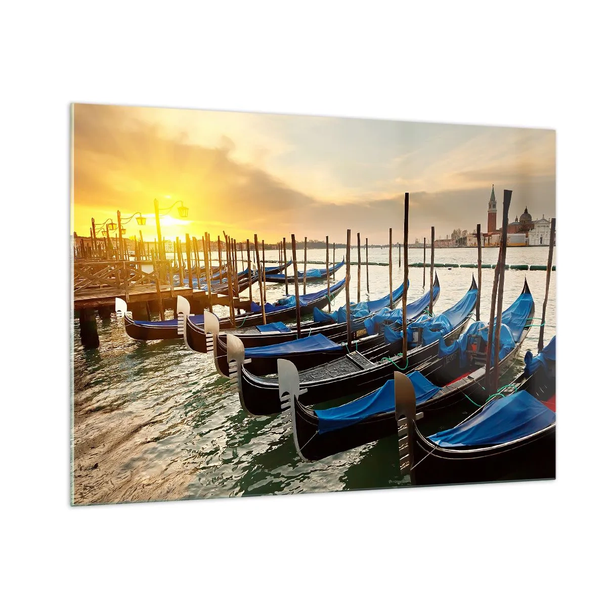 Glasbild - Bild auf glas - Gondeln in Venedig bei Sonnenuntergang - 100x70cm - Bevor das Summen kommt - Moderne Wanddekoration für Wohnzimmer und Schlafzimmer ARTTOR