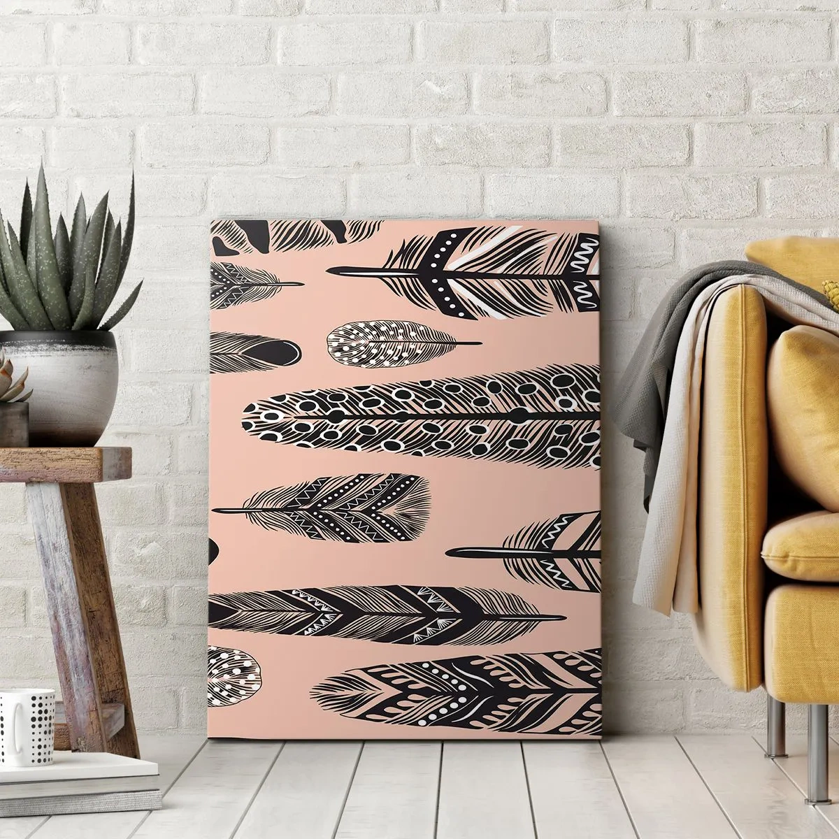 Bild auf Leinwand - Leinwandbild - Dekorative Federn auf hellem Hintergrund - 80x120cm - Indische Sammlung - Moderne Wanddekoration für Wohnzimmer und Schlafzimmer ARTTOR