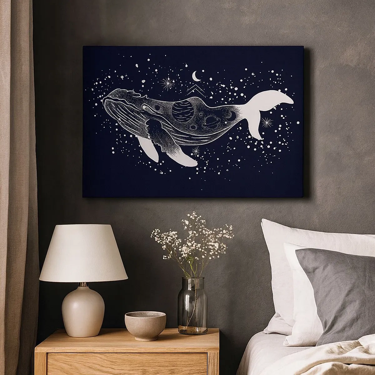 Bild auf Leinwand - Leinwandbild - Eine grafische Illustration eines Wals im Space-Age-Stil. - 70x50cm - Im Ozean des Universums - Moderne Wanddekoration für Wohnzimmer und Schlafzimmer ARTTOR