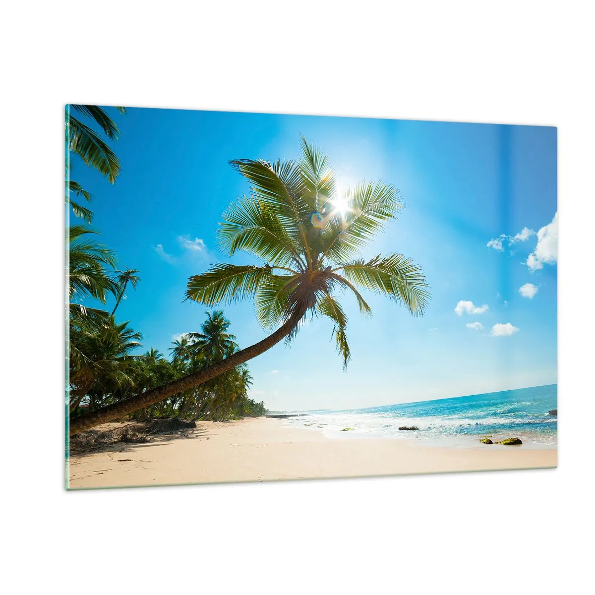 Glasbild - Bild auf glas - Tropischer Strand mit Palmen und blauem Himmel - 120x80cm - Niemandem zeigen - Moderne Wanddekoration für Wohnzimmer und Schlafzimmer ARTTOR