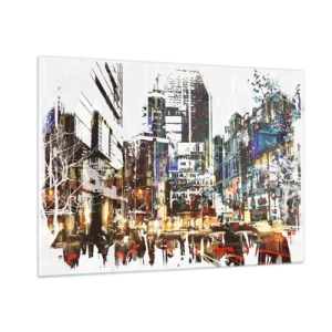 Glasbild - Bild auf glas - Bunte Stadtlichter im künstlerischen, funkelnden Stil - 100x70cm - Eine schillernde Stadt - Moderne Wanddekoration für Wohnzimmer und Schlafzimmer ARTTOR