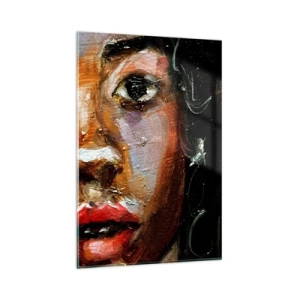 Glasbild - Bild auf glas - Ein ausdrucksstarkes Frauenporträt in intensiven Farben. - 80x120cm - Schwarz und Glanz - Moderne Wanddekoration für Wohnzimmer und Schlafzimmer ARTTOR