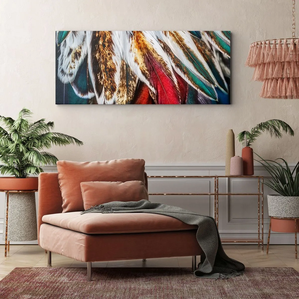 Bild auf Leinwand - Leinwandbild - Nahaufnahme von mehrfarbigen Federn in leuchtenden, intensiven Farben - 120x50cm - Geheimnisse des Fliegens - Moderne Wanddekoration für Wohnzimmer und Schlafzimmer ARTTOR