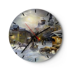 Wanduhr - Glasuhr - Winterlandschaft mit Pferden und einer Kirche im Hintergrund - 30x30cm - Die Magie des russischen Winters - Moderne Wanddekoration für Wohnzimmer, Küche und Schlafzimmer ARTTOR