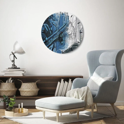 Wanduhr - Glasuhr - Ein Jazzmusiker in künstlerischer Interpretation - 30x30cm - Urbane Rhapsodie - Moderne Wanddekoration für Wohnzimmer, Küche und Schlafzimmer ARTTOR