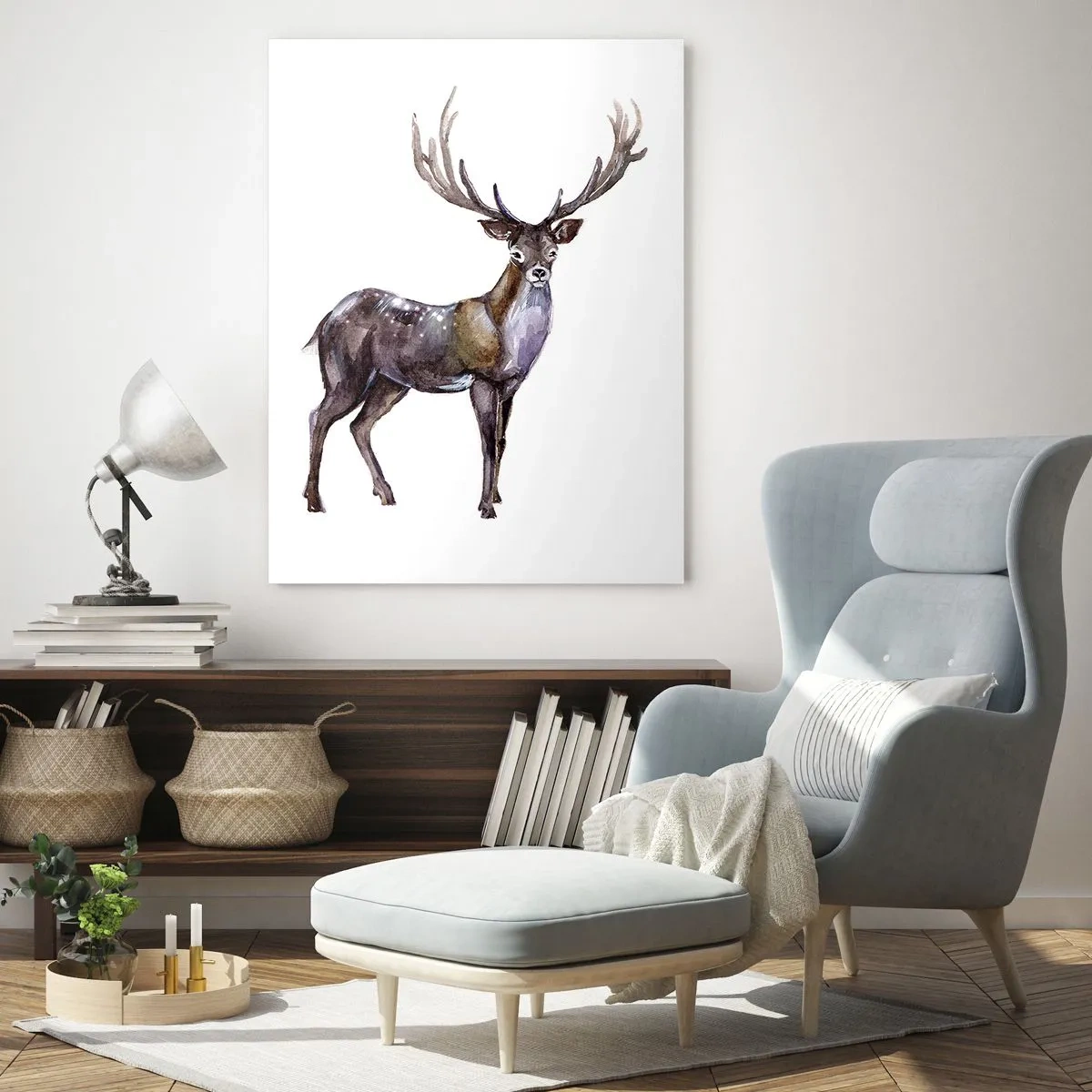 Glasbild - Bild auf glas - Eleganter Aquarellhirsch - 50x70cm - König des nördlichen Waldes - Moderne Wanddekoration für Wohnzimmer und Schlafzimmer ARTTOR