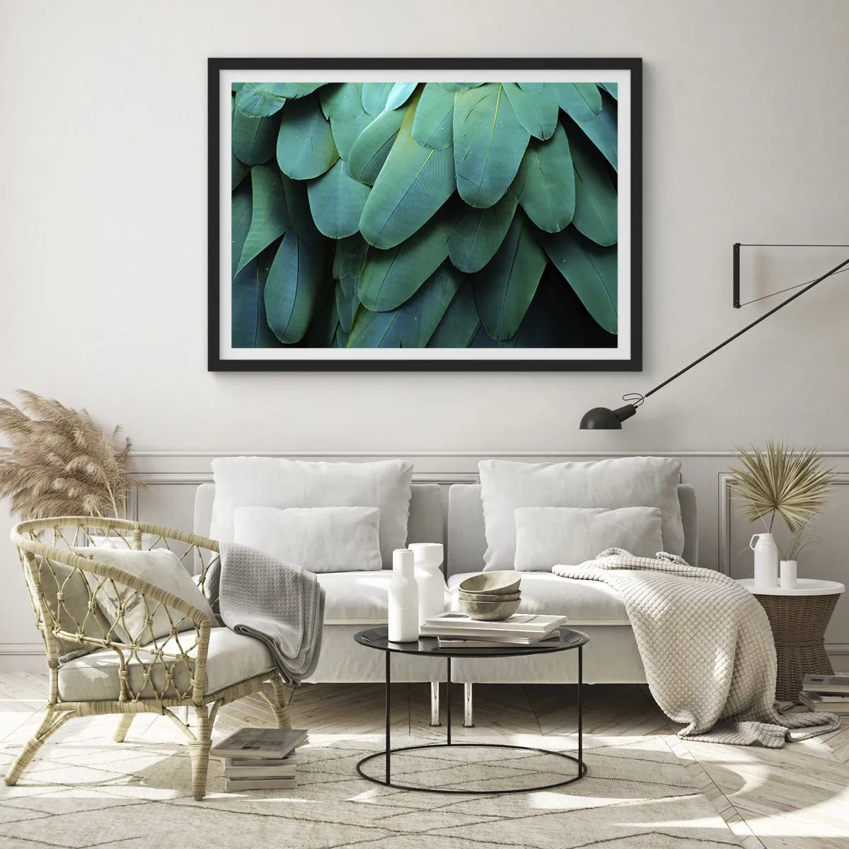 Poster in einem schwarzem Rahmen - Federdetails in Grüntönen - 70x50cm - Papageienartige Präzision - Moderne Wanddekoration für Wohnzimmer und Schlafzimmer ARTTOR