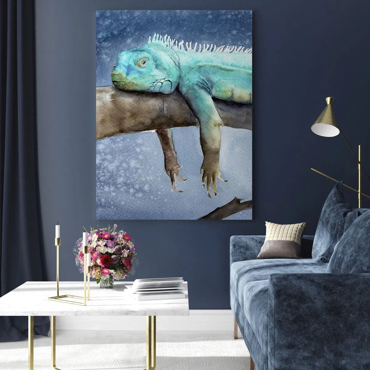 Glasbild - Bild auf glas - Blauer Leguan ruht auf einem Ast - 80x120cm - Es ist gut! - Moderne Wanddekoration für Wohnzimmer und Schlafzimmer ARTTOR