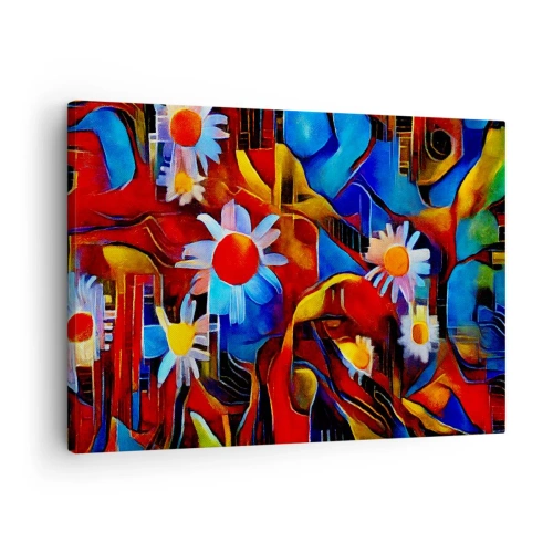 Bild auf Leinwand - Leinwandbild - Abstrakte Blumen vor einem Hintergrund aus geometrischen Mustern - 70x50cm - Die Farben des Lebens - Moderne Wanddekoration für Wohnzimmer und Schlafzimmer ARTTOR