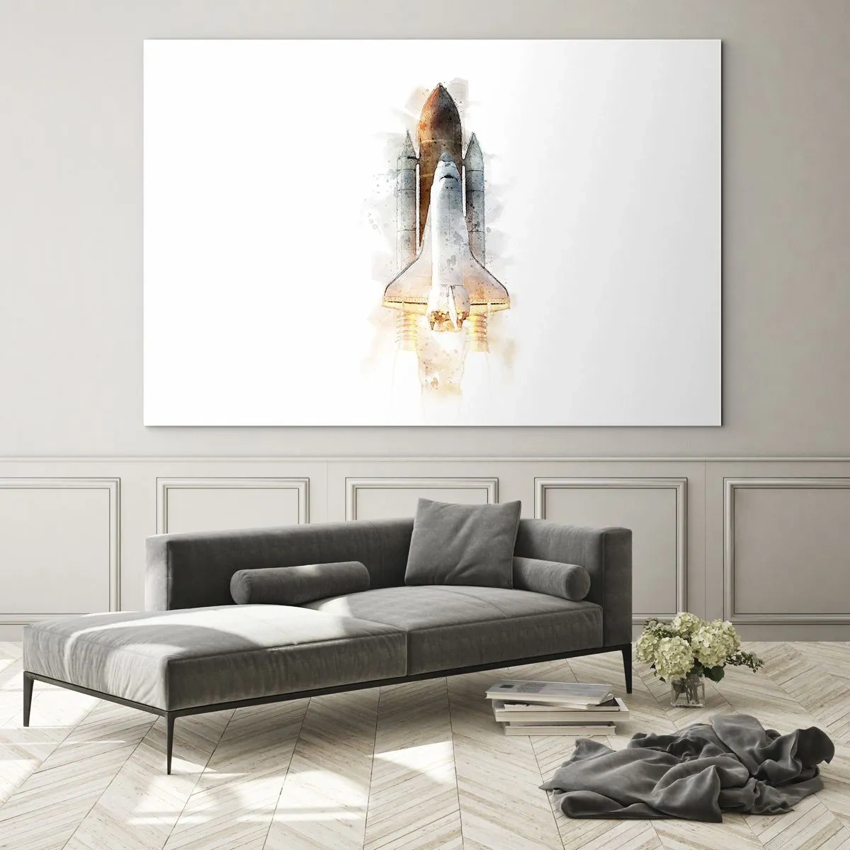 Glasbild - Bild auf glas - Ein startendes Space Shuttle im Aquarellstil auf weißem Hintergrund. - 120x80cm - Entdecker für den Anfang - Moderne Wanddekoration für Wohnzimmer und Schlafzimmer ARTTOR