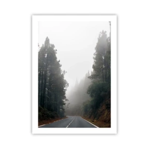 Poster - Eine kurvenreiche Straße zwischen Bäumen, in Nebel gehüllt - 50x70cm - Eine Geschichte von einem magischen Wald - Moderne Wanddekoration für Wohnzimmer und Schlafzimmer ARTTOR