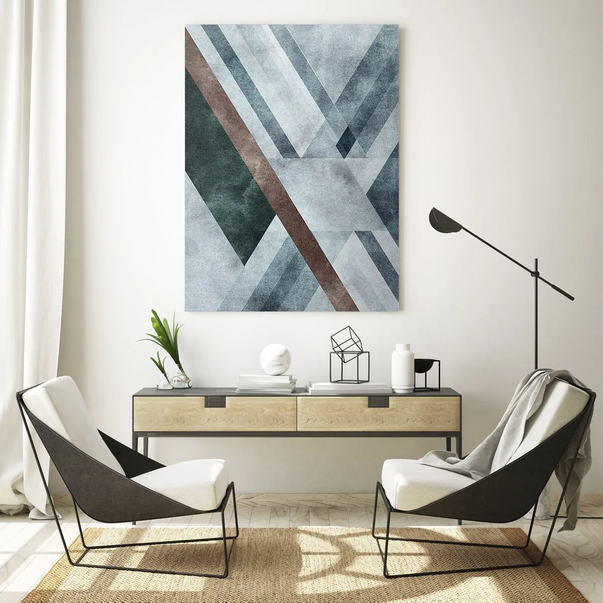 Glasbild - Bild auf glas - Geometrische Formen in kühlen Blau- und Brauntönen - 80x120cm - Anspruchsvolle Eleganz der Geometrie - Moderne Wanddekoration für Wohnzimmer und Schlafzimmer ARTTOR