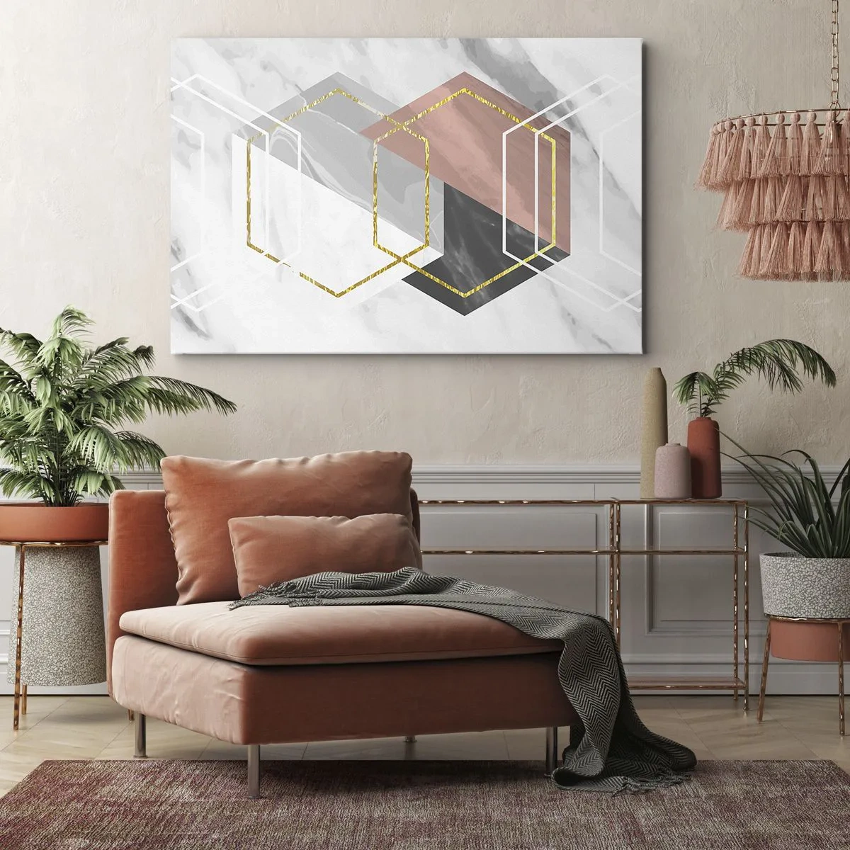 Bild auf Leinwand - Leinwandbild - Geometrische Figuren mit Gold- und Marmorakzenten - 100x70cm - Kettenkomposition - Moderne Wanddekoration für Wohnzimmer und Schlafzimmer ARTTOR
