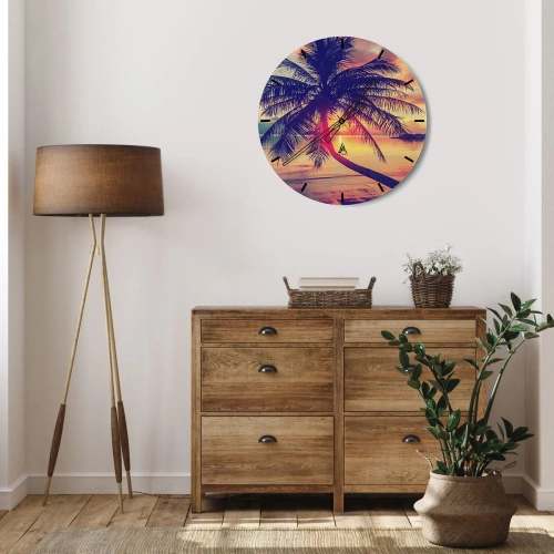Wanduhr - Glasuhr - Eine Palme vor dem Hintergrund der untergehenden Sonne über dem Meer - 30x30cm - Abend unter Palmen - Moderne Wanddekoration für Wohnzimmer, Küche und Schlafzimmer ARTTOR