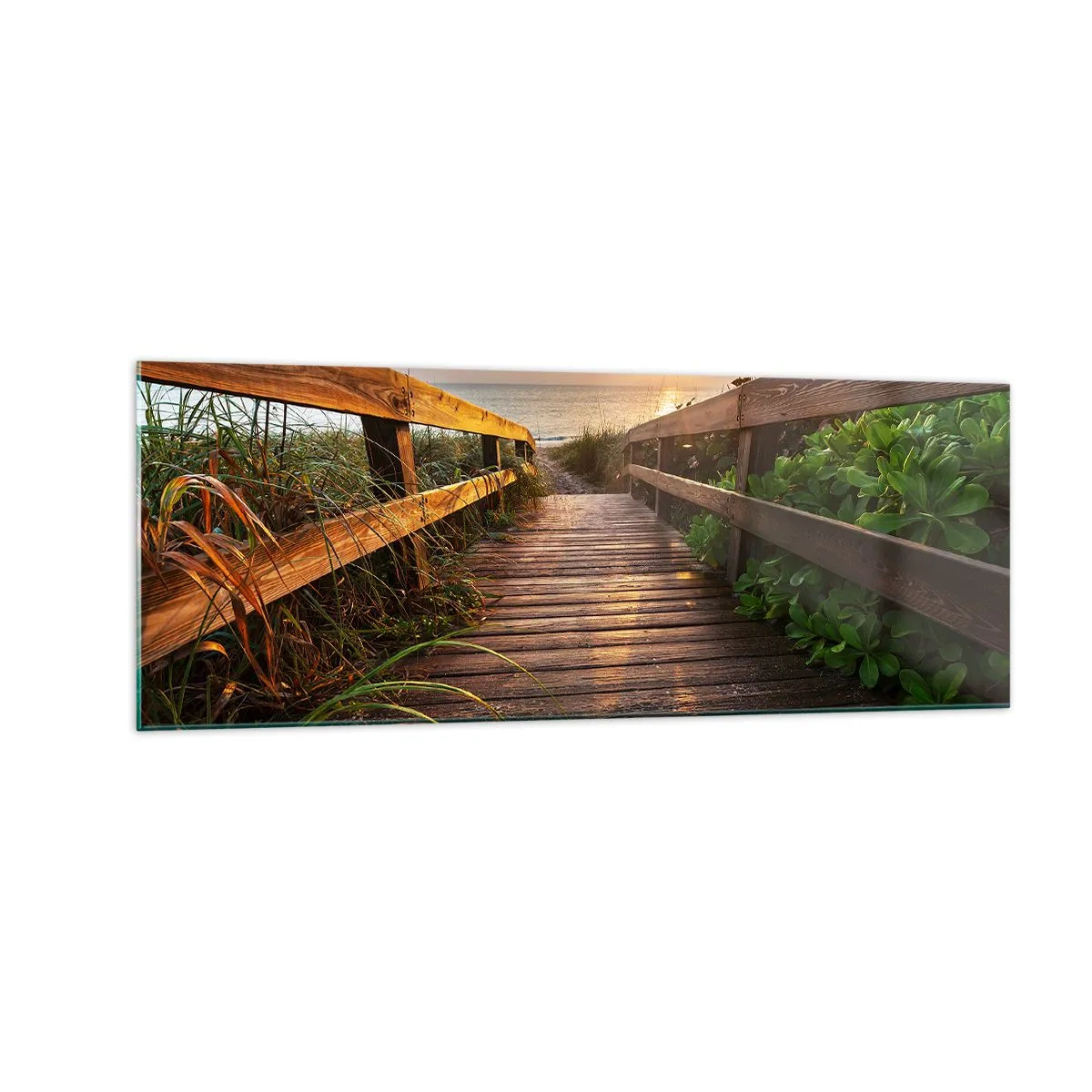 Glasbild - Bild auf glas - Holzsteg zum Strand bei Sonnenuntergang - 140x50cm - Und direkt ans Ufer - Moderne Wanddekoration für Wohnzimmer und Schlafzimmer ARTTOR