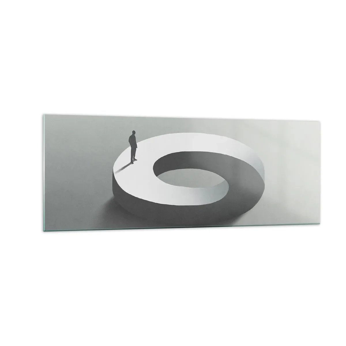 Glasbild - Bild auf glas - Ein Mann auf einer grauen, abstrakten Struktur - 140x50cm - Und wie soll man davon klug werden - Moderne Wanddekoration für Wohnzimmer und Schlafzimmer ARTTOR