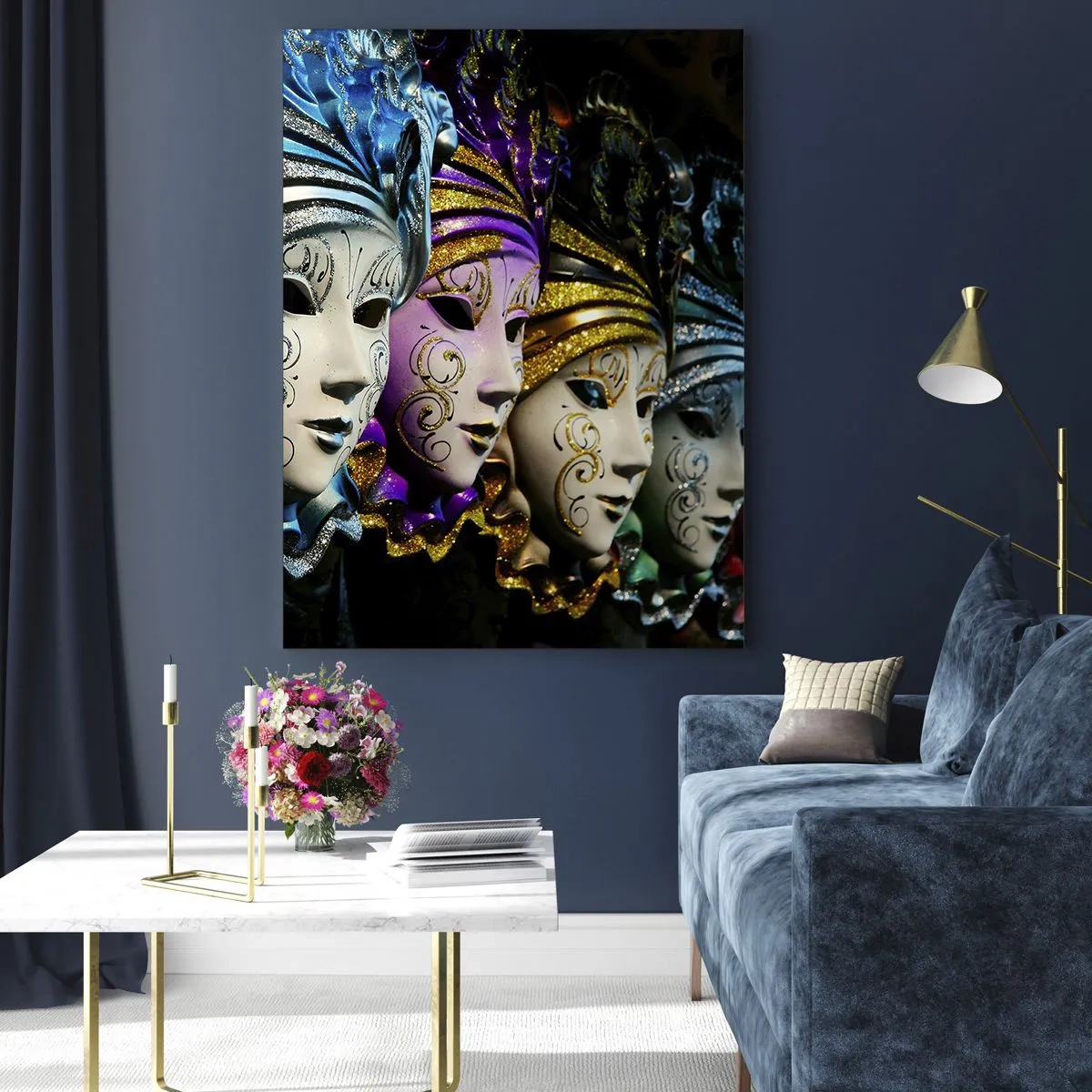 Glasbild - Bild auf glas - Venezianische Masken in verschiedenen Farben mit dekorativen Mustern - 70x100cm - Geheimnis in Gold und Silber - Moderne Wanddekoration für Wohnzimmer und Schlafzimmer ARTTOR