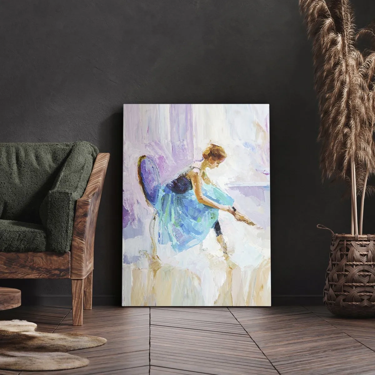 Bild auf Leinwand - Leinwandbild - Eine Ballerina in Pastelltönen bereitet sich auf den Tanz vor. - 80x120cm - Unbeschreibliche Anmut, subtiler Charme - Moderne Wanddekoration für Wohnzimmer und Schlafzimmer ARTTOR