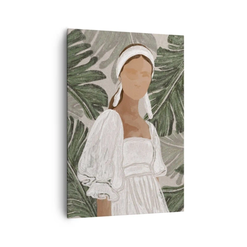 Bild auf Leinwand - Leinwandbild - Porträt einer Frau in einem weißen Kleid vor einem Hintergrund aus Monstera-Blättern - 70x100cm - Exotisches Porträt - Moderne Wanddekoration für Wohnzimmer und Schlafzimmer ARTTOR