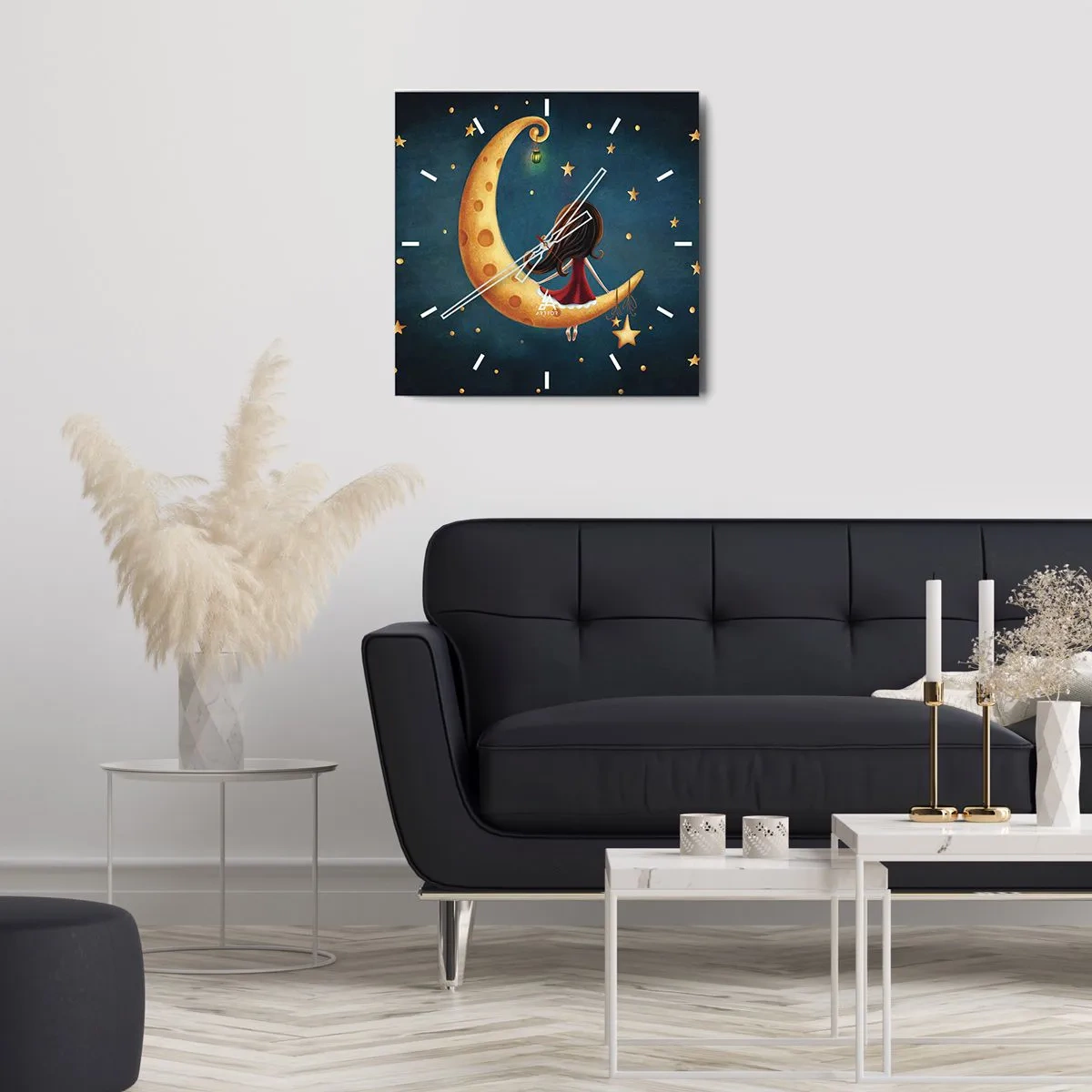 Wanduhr - Glasuhr - Ein Mädchen auf dem Mond, umgeben von Sternen - 30x30cm - Einmal… - Moderne Wanddekoration für Wohnzimmer und Schlafzimmer ARTTOR