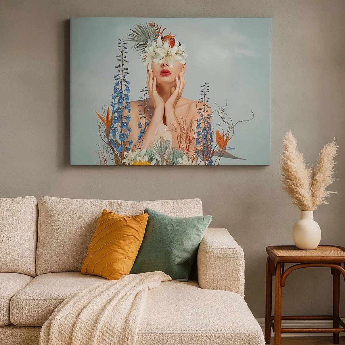 Bild auf Leinwand - Leinwandbild - Frauenporträt mit floralem Motiv vor blauem Hintergrund - 70x50cm - Frau - Blume - Moderne Wanddekoration für Wohnzimmer und Schlafzimmer ARTTOR