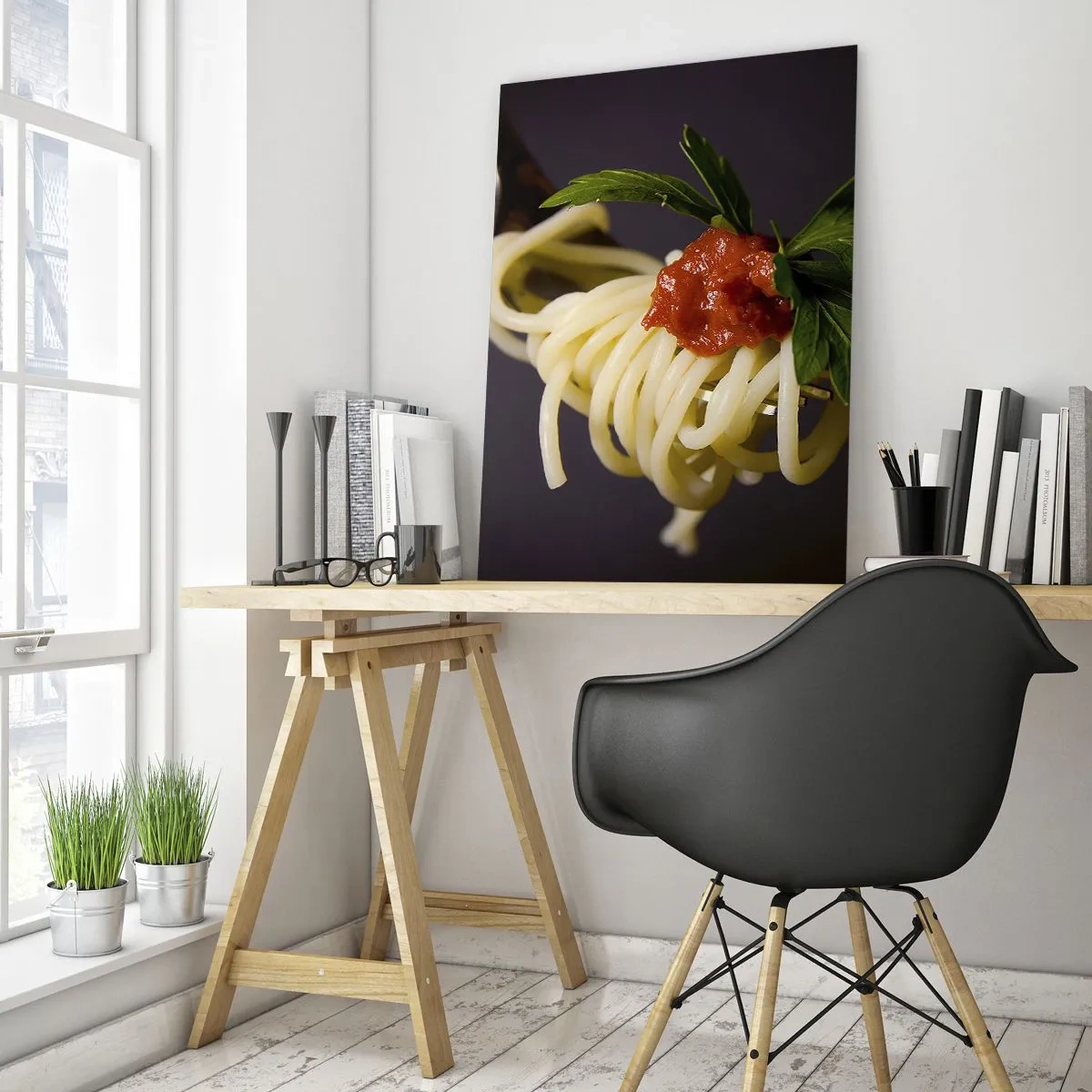 Glasbild - Bild auf glas - Spaghetti auf einer Gabel mit Tomatensauce - 50x70cm - Ein leckerer Bissen - Moderne Wanddekoration für Wohnzimmer und Schlafzimmer ARTTOR