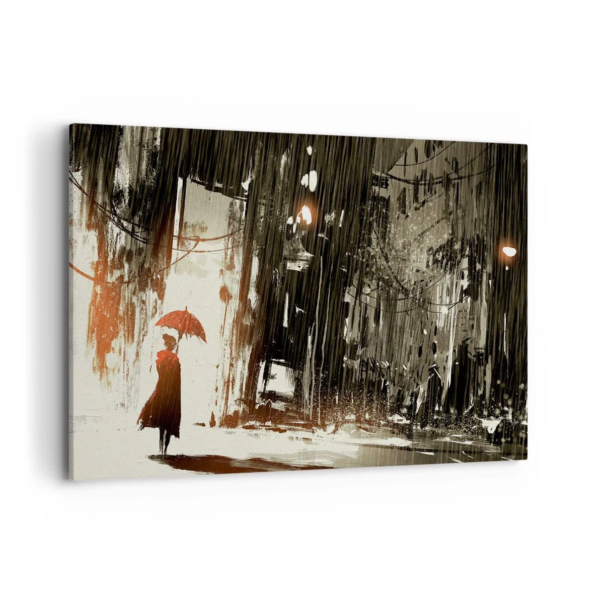 Bild auf Leinwand - Leinwandbild - Eine rote Figur mit einem Regenschirm in einer regnerischen Szene - 120x80cm - Die Poesie des roten Regenschirms - Moderne Wanddekoration für Wohnzimmer und Schlafzimmer ARTTOR