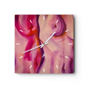 Wanduhr - Glasuhr - Eine abstrakte Interpretation der weiblichen Silhouette in Rosa- und Lilatönen. - 30x30cm - Ode an die Weiblichkeit - Moderne Wanddekoration für Wohnzimmer und Schlafzimmer ARTTOR