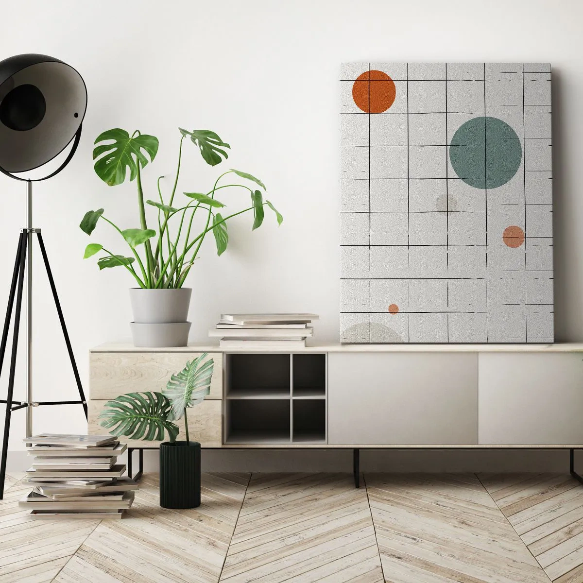 Bild auf Leinwand - Leinwandbild - Abstrakte farbige Kreise auf einem geometrischen Gitterhintergrund - 70x100cm - Gefangen. Wir oder sie? - Moderne Wanddekoration für Wohnzimmer und Schlafzimmer ARTTOR